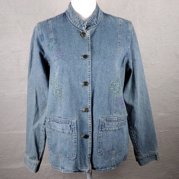 Denim & Co. Vintage Light Blue Embroidered High Collar Button Up Denim Shacket - Picture 2 of 14